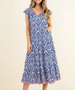 She She Boutique CLOTHING Flutter Sleeve Midi Dress - Navy