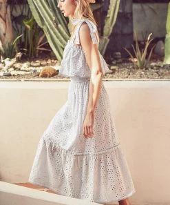 She She Boutique Beach Bliss Eyelet Midi Dress - Ice Blue NEW ARRIVALS
