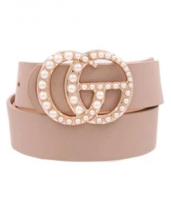 She She Boutique Double Gold Metal Ring Belt - Taupe With Pearls ACCESSORIES