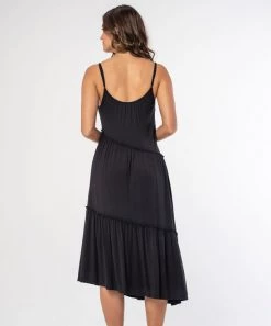 She She Boutique Asymmetrical Ruffle Tiered Midi Dress - Black