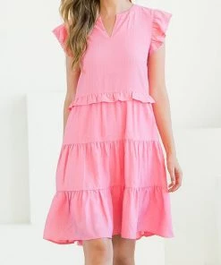 She She Boutique Flutter Sleeve Dress - Cream OR Pink