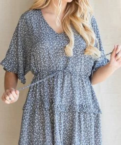 She She Boutique CLOTHING Floral Dress - Dusty Blue