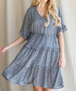 She She Boutique CLOTHING Floral Dress - Dusty Blue