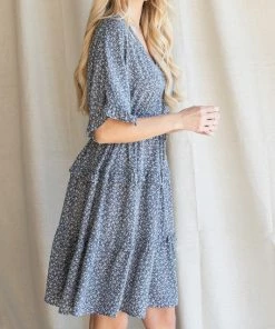 She She Boutique CLOTHING Floral Dress - Dusty Blue