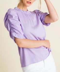 She She Boutique Ruched Sleeve Top - Lilac CLOTHING