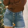 She She Boutique CLOTHING Mid-Rise Button Up Shorts - Medium Wash
