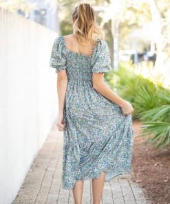 She She Boutique CLOTHING Floral Midi Dress - Green Multi