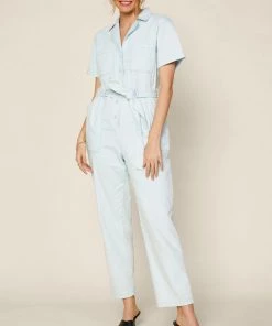 She She Boutique Washed Utility Jumpsuit - Ice Blue
