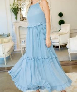 She She Boutique Smocked Halter Dress - Powder Blue CLOTHING