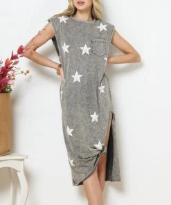 She She Boutique CLOTHING Mineral Wash Star Dress- Grey