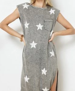 She She Boutique CLOTHING Mineral Wash Star Dress- Grey