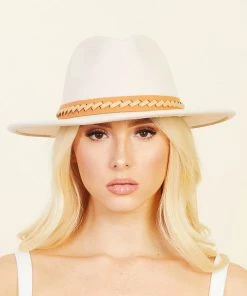 She She Boutique ACCESSORIES Fedora Hat With Braided Trim - Ivory