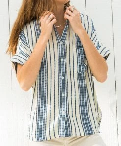She She Boutique Striped Button Down Top - Navy/Cream OR Red/Cream