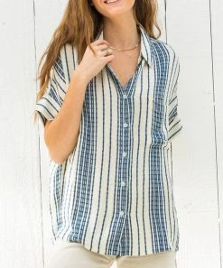 She She Boutique Striped Button Down Top - Navy/Cream OR Red/Cream