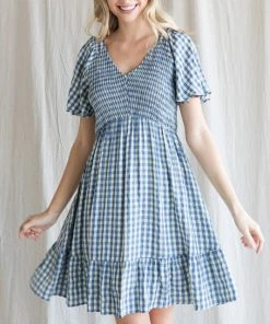 She She Boutique Gingham Dress - Blue CLOTHING