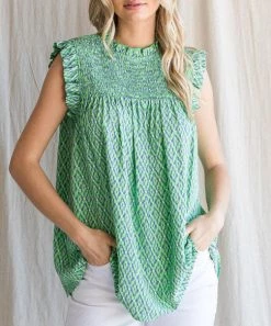 She She Boutique Smocked Top - Apply Green OR Ivory