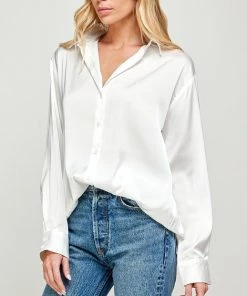 She She Boutique Satin Button Down Top - Off White CLOTHING