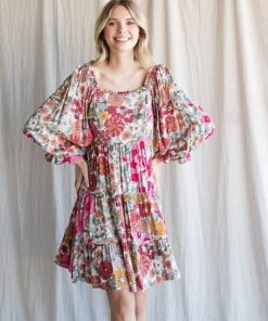 She She Boutique CLOTHING Floral Square Neck Dress - Pink Multi