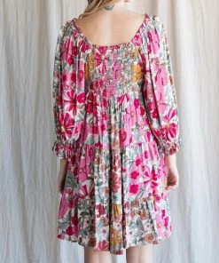 She She Boutique CLOTHING Floral Square Neck Dress - Pink Multi