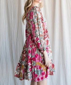 She She Boutique CLOTHING Floral Square Neck Dress - Pink Multi