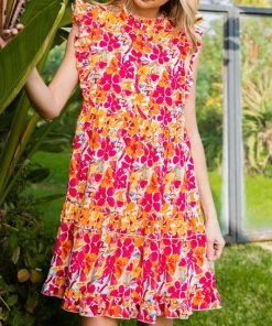 She She Boutique Floral Frill Neck Dress - Magenta/Yellow NEW ARRIVALS
