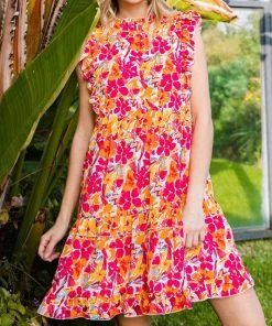She She Boutique Floral Frill Neck Dress - Magenta/Yellow NEW ARRIVALS