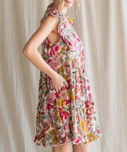 She She Boutique Floral Mock Neck Dress - Pink