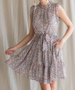 She She Boutique CLOTHING Waist Tie Ruffle Dress - Off White