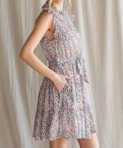 She She Boutique CLOTHING Waist Tie Ruffle Dress - Off White