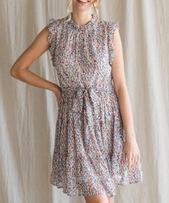 She She Boutique CLOTHING Waist Tie Ruffle Dress - Off White