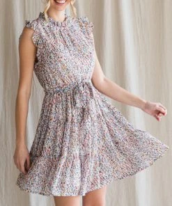 She She Boutique CLOTHING Waist Tie Ruffle Dress - Off White