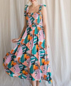 She She Boutique Smocked Midi Dress - Pink Multi CLOTHING