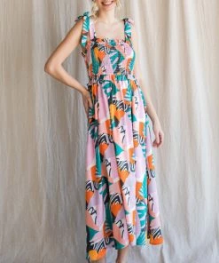 She She Boutique Smocked Midi Dress - Pink Multi CLOTHING