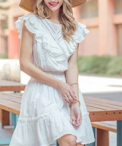 She She Boutique Pointelle Ruffle Dress - White