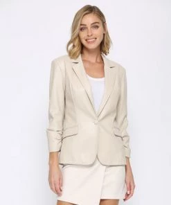 She She Boutique Ruched Sleeve Vegan Leather Blazer - Ecru 8 She She Boutique Ruched Sleeve Vegan Leather Blazer - Ecru