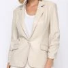 She She Boutique Ruched Sleeve Vegan Leather Blazer - Ecru