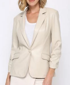 She She Boutique Ruched Sleeve Vegan Leather Blazer - Ecru