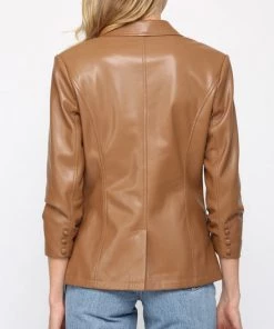 She She Boutique NEW ARRIVALS Ruched Sleeve Vegan Leather Blazer - Camel