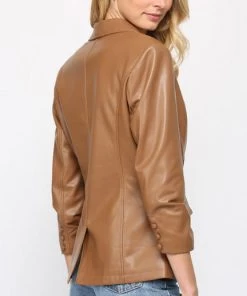 She She Boutique NEW ARRIVALS Ruched Sleeve Vegan Leather Blazer - Camel