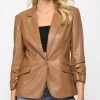 She She Boutique NEW ARRIVALS Ruched Sleeve Vegan Leather Blazer - Camel
