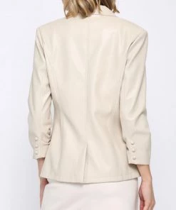 She She Boutique Ruched Sleeve Vegan Leather Blazer - Ecru 9 She She Boutique Ruched Sleeve Vegan Leather Blazer - Ecru