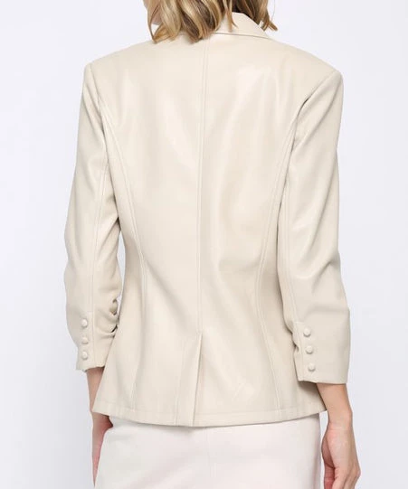 She She Boutique Ruched Sleeve Vegan Leather Blazer - Ecru 6 She She Boutique Ruched Sleeve Vegan Leather Blazer - Ecru