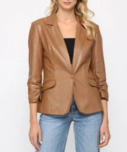 She She Boutique NEW ARRIVALS Ruched Sleeve Vegan Leather Blazer - Camel