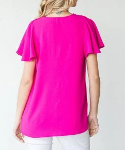 She She Boutique Flounce Sleeve Top - Hot Pink CLOTHING