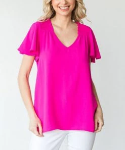 She She Boutique Flounce Sleeve Top - Hot Pink CLOTHING