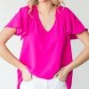 She She Boutique Flounce Sleeve Top - Hot Pink CLOTHING