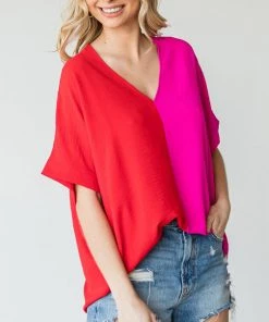 She She Boutique Color Block Top - Red/Pink CLOTHING