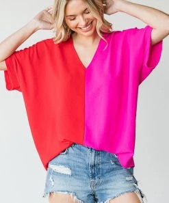 She She Boutique Color Block Top - Red/Pink CLOTHING
