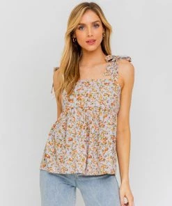 She She Boutique Sleeveless Ruffle Top - Blue/Red Ditsy Floral CLOTHING