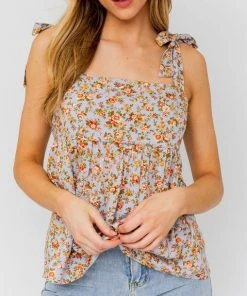 She She Boutique Sleeveless Ruffle Top - Blue/Red Ditsy Floral CLOTHING